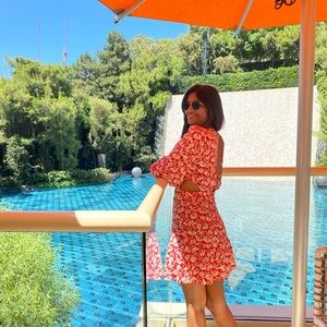 Red and white Floral cutout dress